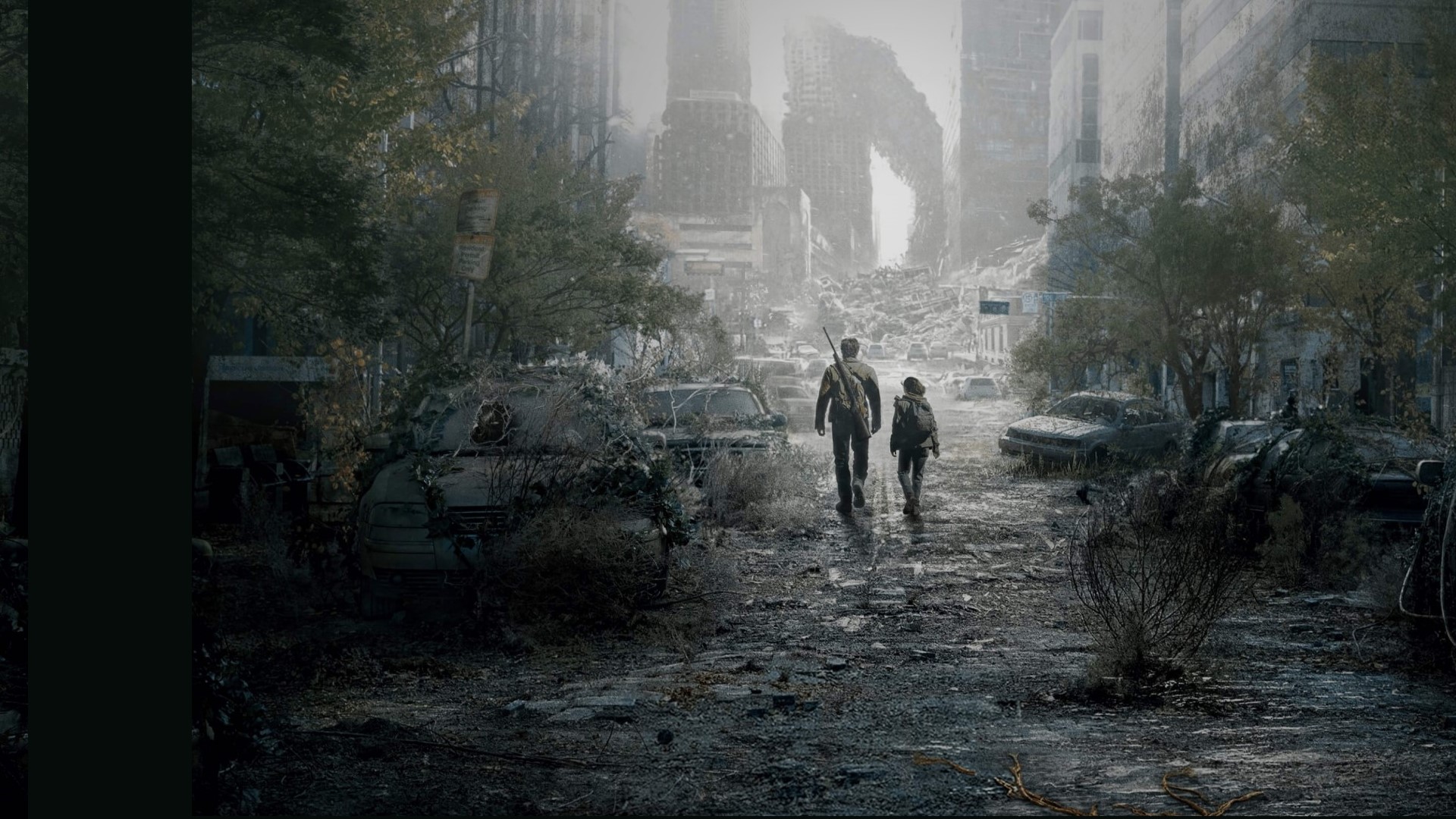 Ellie e Joel caminhando por uma cidade destruída